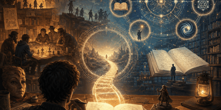 Ilustración metafórica de un investigador sentado ante un escritorio con un cuaderno abierto, dados poliédricos, miniaturas y notas. Del cuaderno emerge un camino de luz que conduce a un portal central. A la izquierda aparecen escenas de juego de rol, mapas, máscaras, jugadores y recuerdos de infancia. A la derecha se despliega una biblioteca cósmica con libros abiertos, constelaciones, diagramas y símbolos que representan conceptos como ontología, estética, reglas, simulación, narrativa, inmersión y agencia.