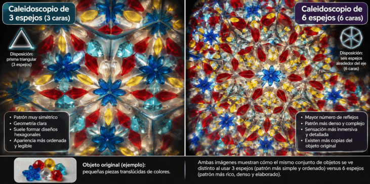 Comparación entre un caleidoscopio de tres y seis espejos como analogía para crear un cosmos de seis universos en juegos de rol