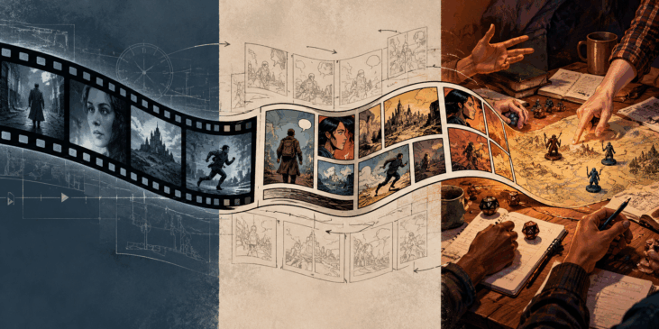 Línea temporal conceptual que transforma una cinta cinematográfica en viñetas de cómic y finalmente en una mesa de juego de rol, representando el paso del ritmo montado al ritmo navegado y performado.