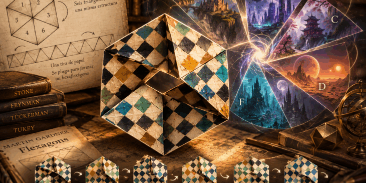 Hexaflexágono de seis caras ilustrado como modelo de universos observables que se revelan al reconfigurar una misma estructura.