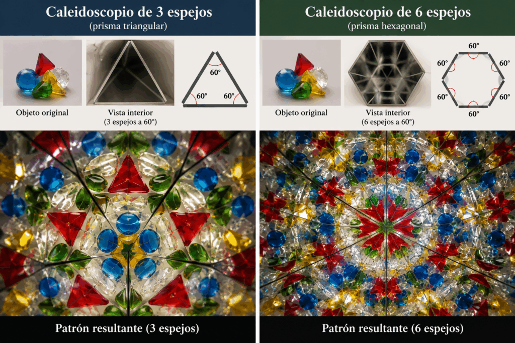 Comparación de caleidoscopios de tres y seis espejos para explicar la teselación de universos al crear un cosmos para juegos de rol.