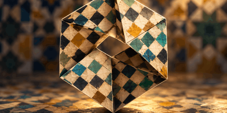 Hexaflexágono con un patrón de teselación geométrica utilizado como metáfora para explicar piezas, bordes y relaciones en un cosmos.