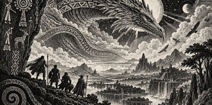 Portada de El ensueño de K'yrakal, con aventureros contemplando un paisaje fantástico de Kryle bajo una gran criatura dracónica emplumada, representada como un grabado en blanco y negro.